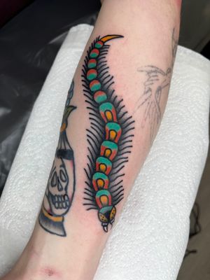 Experience the ancient beauty of a traditional centipede tattoo, expertly crafted by Clara Colibri.