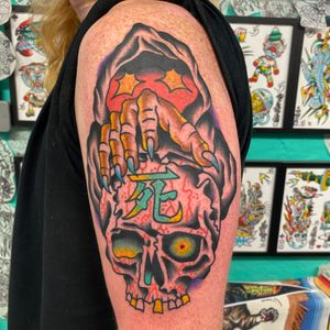Traditional space cosmic reaper and skull with ‘DEATH’ kanji 