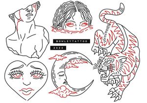 Linework flash with red, moon, drowning lady, tiger, statue and heart eyes 