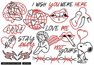 Linework flash with red, snoopy with a heart balloon, handwritten script, glove hearts, tribal heart and more 