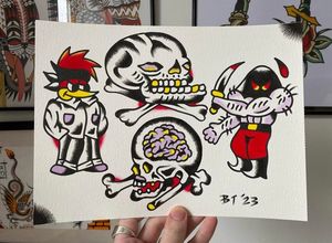 Traditional colour flash featuring a skull, gangster woody the woodpecker, a skull with a brain and an executioner. 