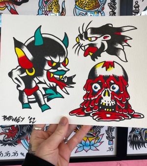 Traditional colour flash featuring a devil hot stuff, bleeding skull and panther head 