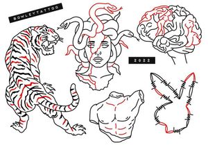 Linework flash with red, tiger, Medusa, playboy bunny barbered wire and more 