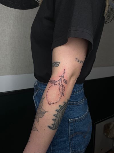 Exquisite fine line tattoo of a lemon branch by talented artist Julia Bertholdi. Perfect for fruit lovers!