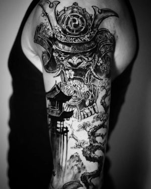 samurai and asian temple tattoo on upper arm#Realism #Japanese