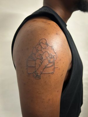 Beautiful fine line and illustrative tattoo by Jack Howard featuring dark skin, family, and outline motifs.