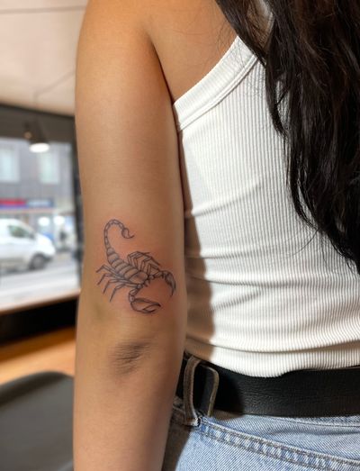 Get inked with a fierce illustrative scorpion design, expertly crafted by the talented artist Julia Bertholdi.