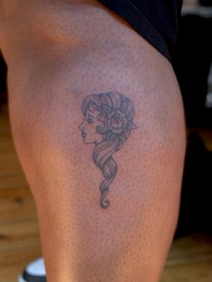 Embrace the power of a goddess with this stunning illustrative tattoo of a muse by the talented artist Julia Bertholdi.