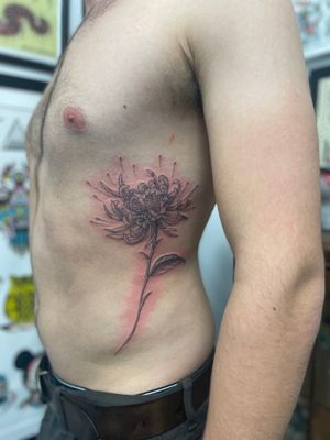 Elegant and intricate spider lily flower tattoo with fine line details, expertly done by tattoo artist Julia Bertholdi.