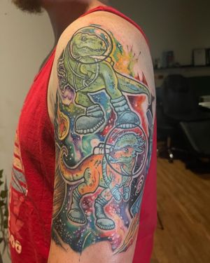 Space astronaut dinosaur illustrative color tattoo neo traditional
