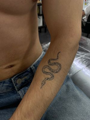 Experience the stunning artistry of Julia Bertholdi with this intricately detailed snake tattoo. Fine lines and illustrative style bring this design to life.