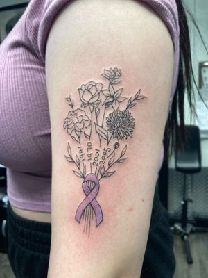 Get a stunning illustrative tattoo of a delicate flower with a ribbon in fine line style by the talented artist Ronny East.