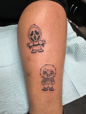 Get a spooky yet adorable tattoo by Ronny East featuring a ghost face and Chucky motif in an illustrative style.