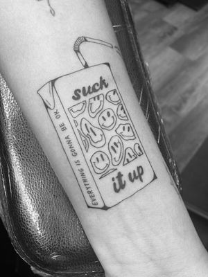 Get a refreshing and vibrant illustrative tattoo design of a juice box by the talented artist Ronny East. Perfect for juice lovers!