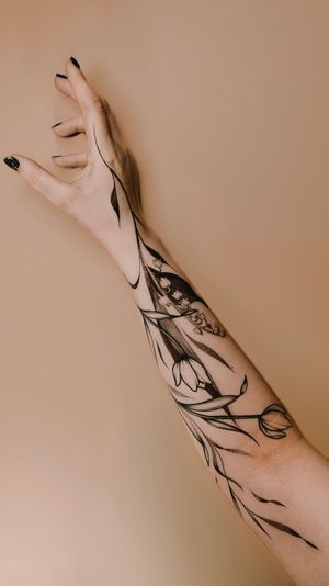 Fine-line floral arm, lily of the valley and vines (tulips, not my work)