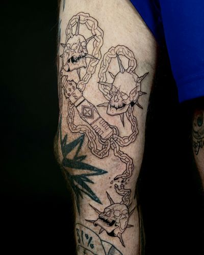 Impressive illustrative tattoo featuring a skull with a menacing mace design by Kat Jennings.