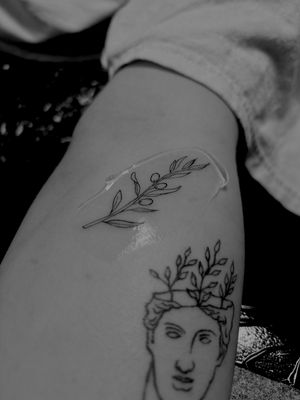 Adorn yourself with Ruth Hall's fine line illustrative tattoo of a delicate olive branch, symbolizing peace and abundance.