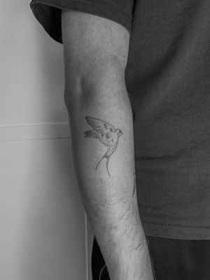 Elegant illustrative tattoo of a swallow by the talented artist Oliver Soames, featuring fine line details for a sleek look.