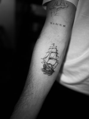 Get a beautiful ship tattoo with intricate detailing by artist Georgina. Perfect for those who love maritime themes.