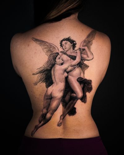 Stunning black and gray tattoo by Jay Soze featuring the abduction of Psyche by an angel.