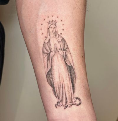 Elegant religious tattoo by Alina Wiltshire, featuring intricate dotwork and black & gray shading.