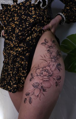 Floral hip piece with Peonies, Magnolias, and Cosmos