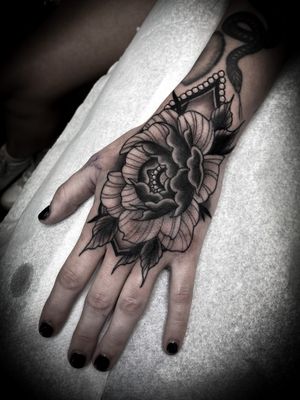 Ornamental Peony Hand Tattoo