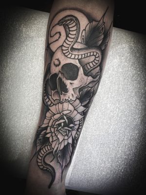 Skull, Rose and Snake Blackwork Tattoo