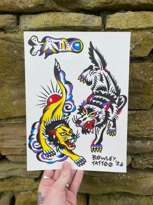 Traditional colour flash of a wolf, lion and severed finger 
