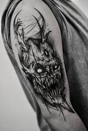 Tattoo uploaded by Kira Pelton • Demon and skulls with wings done in ...