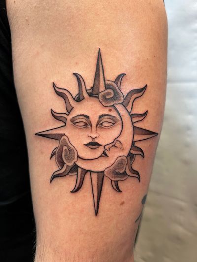 Celebrate the harmony of sun and moon in intricate dotwork style by talented artist Misa.