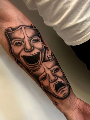Experience the drama of the stage with this black and gray chicano mask tattoo by Miss Vampira. Elegant and mysterious.