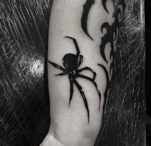 Explore the dark beauty of this stunning spider tattoo, expertly executed in blackwork style by the talented artist Sophia Hayes.