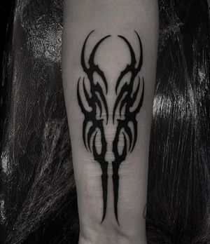 Transformative neo tribal tattoo by Sophia Hayes, blending cyber sigilism with intricate blackwork design.