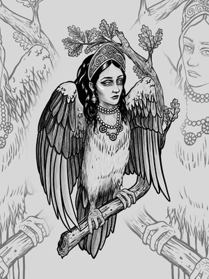 Gamayun - a prophetic bird of Russian folklore; a symbol of wisdom and knowledge.From 430, depending on size and placement.
