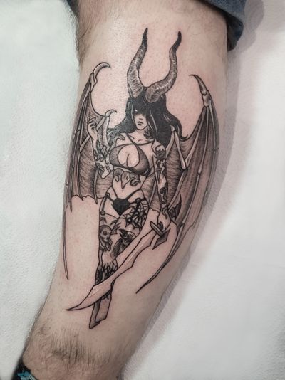 Get a devilishly detailed and hauntingly beautiful illustrative tattoo of a succubus by the talented artist Corny Krameri.