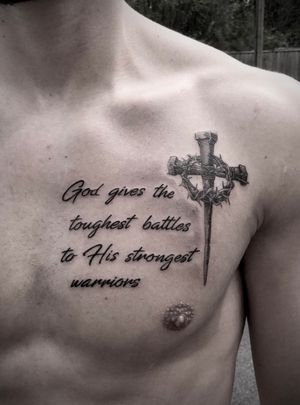 cross, religious tattoo. Black and grey realism tattoo