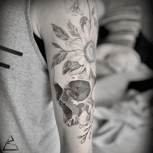 Sleeve start, Sunflower and skull. Black and grey illustrative tattoo