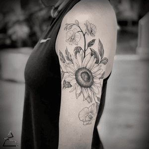 Sunflower. Start of sleeve. Black and grey illustrative tattoo