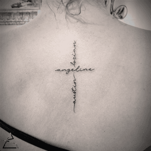 name cross. Black and grey illustrative tattoo