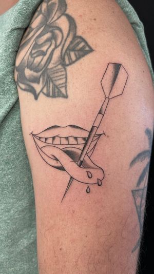 Cut tongue , traditional style , black work tattoo