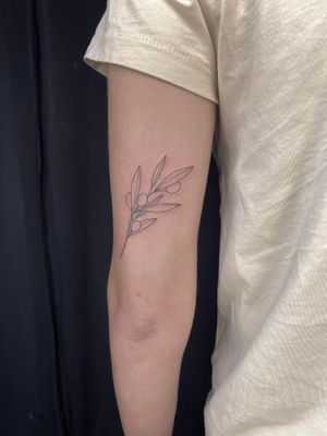 Branch of olive tattoo, fine line tattoo , fine line leaf , fine line olive .