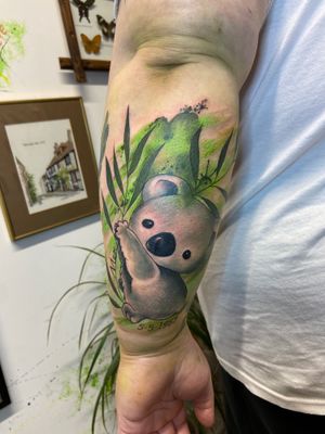 Get a unique and vibrant illustrative watercolor koala bear tattoo by talented artist Eve Inksane.