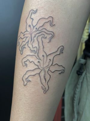 Abstract flowers , fine line tattoo, dot work style . 