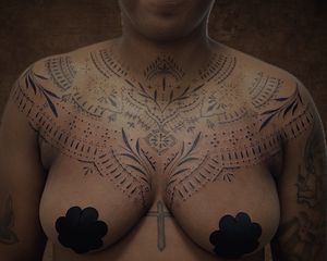 Ornamental Dotwork Feminine Chest Tattoo