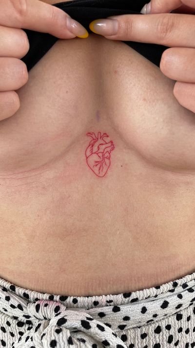 Heart tattoo, anatomic heart red , red fine line tattoo
