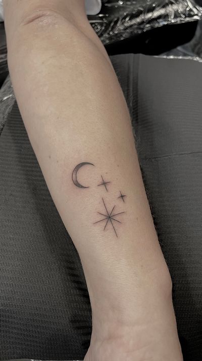 Moon stars tattoo , fine line tattoo , line work tattoo