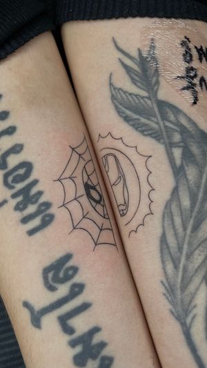 Spider-Man and iron man , marvel tattoo , fine line tattoo