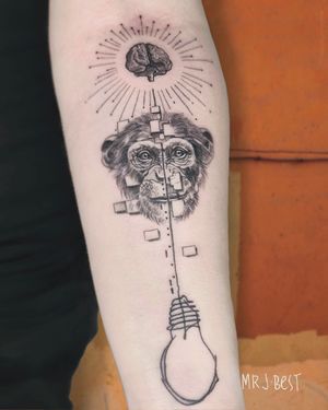 Fineline Abstract Monkey & Brain Tattoo