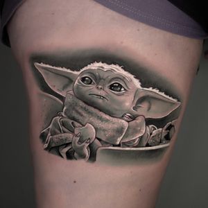 Experience the cuteness of Grogu in stunning black and gray realism, expertly crafted by artist Craig Hicks.